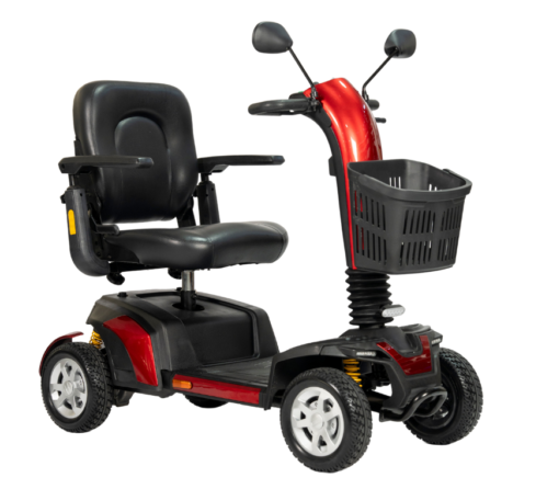Red and black mobility scooter with a comfortable seat and front storage basket.